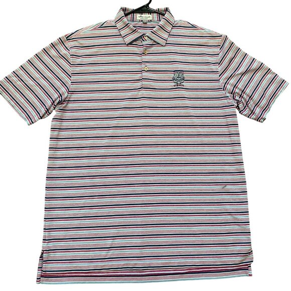 Peter Millar Summer Comfort Polo Shirt Large Pink Blue Stripe Wristling Straits - Picture 2 of 15